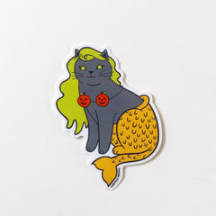 Halloween Mermaid Cat Vinyl Sticker Grey with Pumpkins