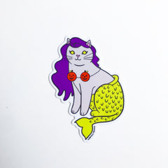Halloween Mermaid Cat Vinyl Sticker Light Grey with Pumpkins