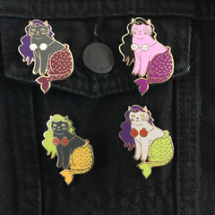 Halloween Mermaid Cat Enamel Pin / Pink with Skulls