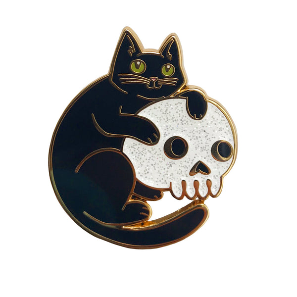 Cat and Skull Enamel Pin with Glitter