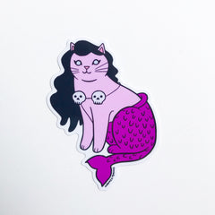 Halloween Mermaid Cat Vinyl Sticker Pink with Skulls