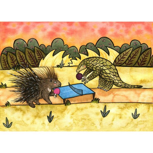 Pangolin and Porcupine Playing Ping Pong