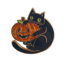 Cat and Pumpkin Enamel Pin with Glitter
