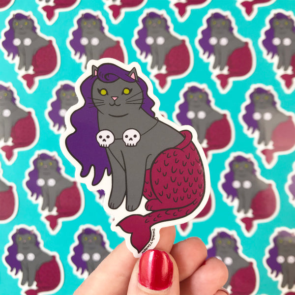 Halloween Mermaid Cat Vinyl Sticker Grey with Skulls