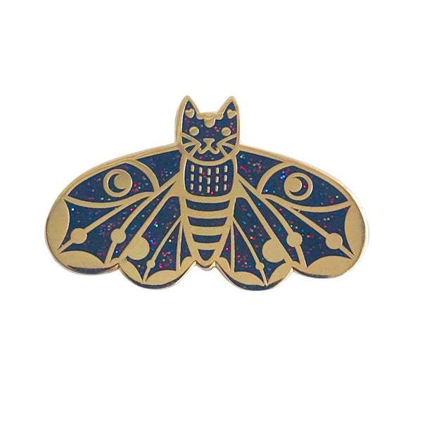 Moth Cat Enamel Pin Black Rainbow Glitter and Gold