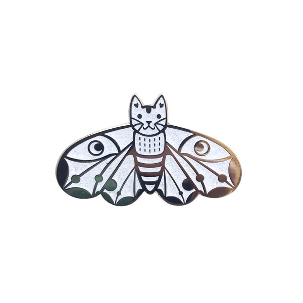Moth Cat Enamel Pin White Glitter and Gold