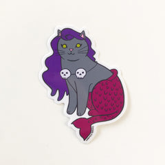 Halloween Mermaid Cat Vinyl Sticker Grey with Skulls
