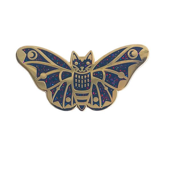 Moth Cat Enamel Pin Black Rainbow Glitter and Gold
