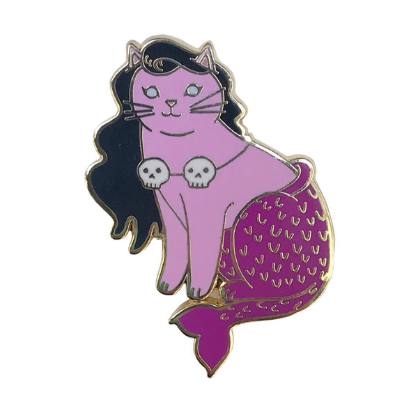 Halloween Mermaid Cat Enamel Pin / Pink with Skulls