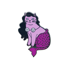 Halloween Mermaid Cat Enamel Pin / Pink with Skulls