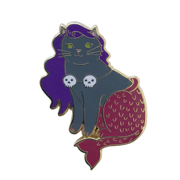 Halloween Mermaid Cat Enamel Pin - Grey with Skulls