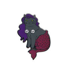 Halloween Mermaid Cat Enamel Pin - Grey with Skulls