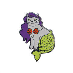 Halloween Mermaid Cat Enamel Pin / Light Grey with Pumpkins