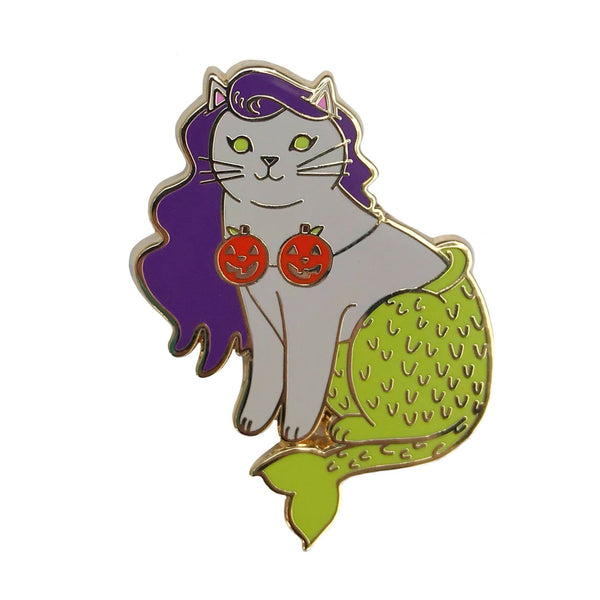 Halloween Mermaid Cat Enamel Pin / Light Grey with Pumpkins