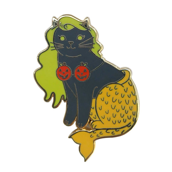 Halloween Mermaid Cat Enamel Pin - Dark Grey with Pumpkins