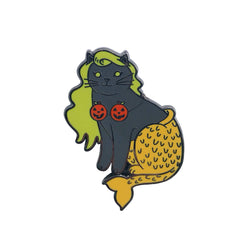 Halloween Mermaid Cat Enamel Pin - Dark Grey with Pumpkins