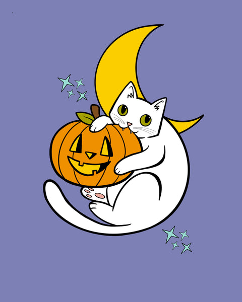 Halloween Cat Biting Pumpkin