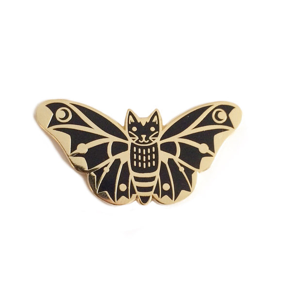 Moth Cat in Black Enamel Pin