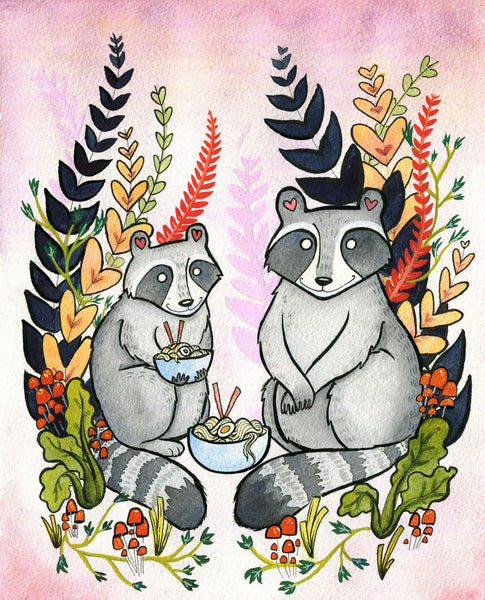 Raccoons eating Ramen Noodles