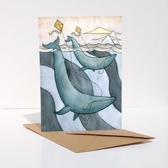 Blue Whales Flying Kites Card