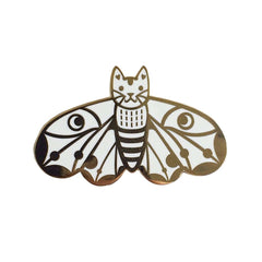 Moth Cat Enamel Pin White and Gold