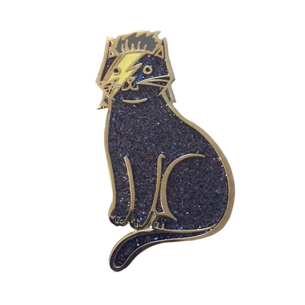 David Bowie Black Glitter Cat Enamel Pin