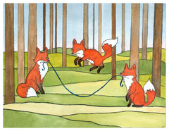 Foxes Jumping Rope  Small Art Print - from original watercolor painting 5x7