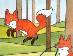 Foxes Jumping Rope  Small Art Print - from original watercolor painting 5x7