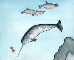 Narwhal swimming in the deep - Art Postcard - from original watercolor painting 4x6