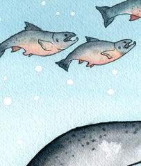 Narwhal and Fish Nursery Art - narwhal art print - from original watercolor painting 5x7
