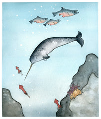 Narwhal and Fish Nursery Art - narwhal art print - from original watercolor painting 5x7