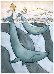 Blue Whales Flying Kites - Blue Whale Art - Giclee Print - Whale Watercolor - 5x7 - Small Art Print