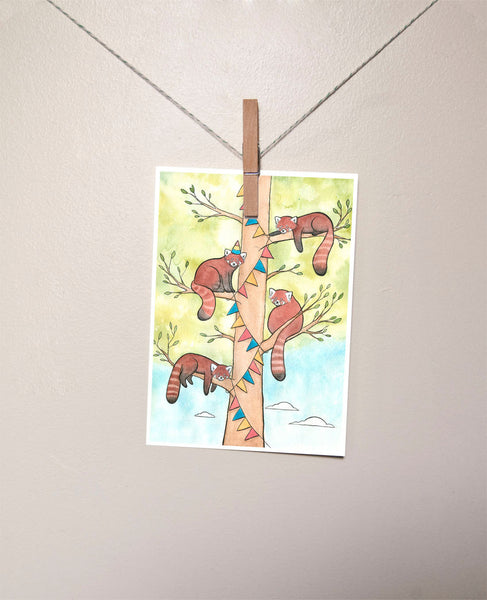Red Pandas Hanging Banner for a Party - Red Panda Art - Giclee Print - Small Art - Watercolor - 5x7