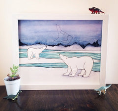 Polar Bear Art - Polar Bears and Constellations Art Print - from original watercolor painting 5x7