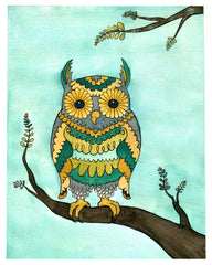 Bright Owl Small Art Print - from original watercolor painting 5x7