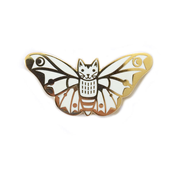 Moth Cat Enamel Pin White and Gold